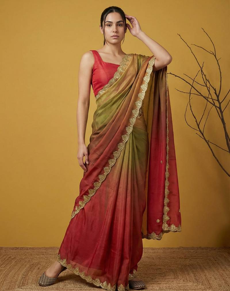 fendy satin designer saree with gotapatti work and cutwork piping border