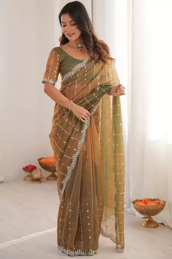 Gold color twill net fabric ethnic and girlie ceremonial saree for girls