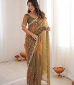 Gold color twill net fabric ethnic and girlie ceremonial saree for girls