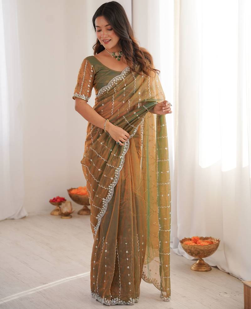 Gold color twill net fabric ethnic and girlie ceremonial saree for girls