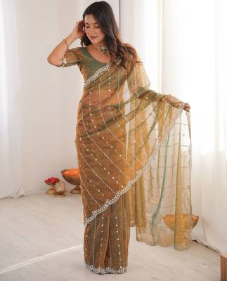 Gold twill net ethnic and girlie ceremonial saree girls 2