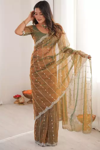 Gold twill net ethnic and girlie ceremonial saree girls