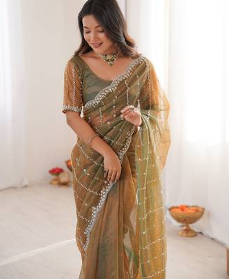 Gold twill net ethnic and girlie ceremonial saree girls 3