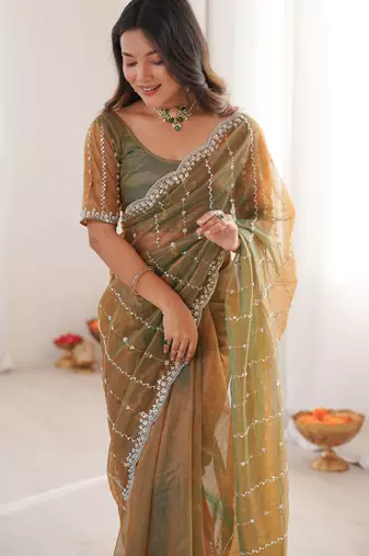 Gold twill net ethnic and girlie ceremonial saree girls