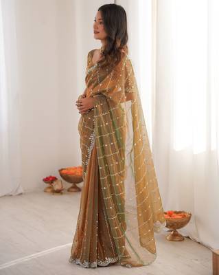 Gold twill net ethnic and girlie ceremonial saree girls 4