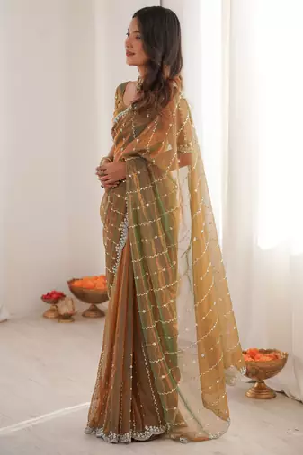 Gold twill net ethnic and girlie ceremonial saree girls