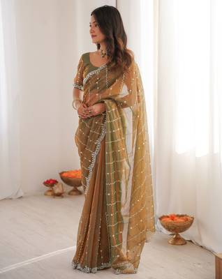 Gold twill net ethnic and girlie ceremonial saree girls 5