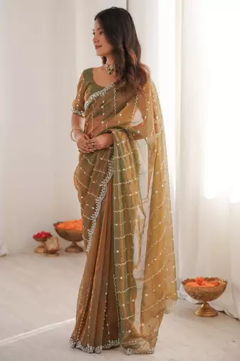 Gold twill net ethnic and girlie ceremonial saree girls