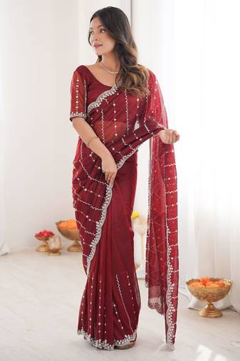 Maroon color twill net fabric ethnic and girlie ceremonial saree for girls