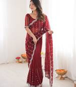 Maroon color twill net fabric ethnic and girlie ceremonial saree for girls