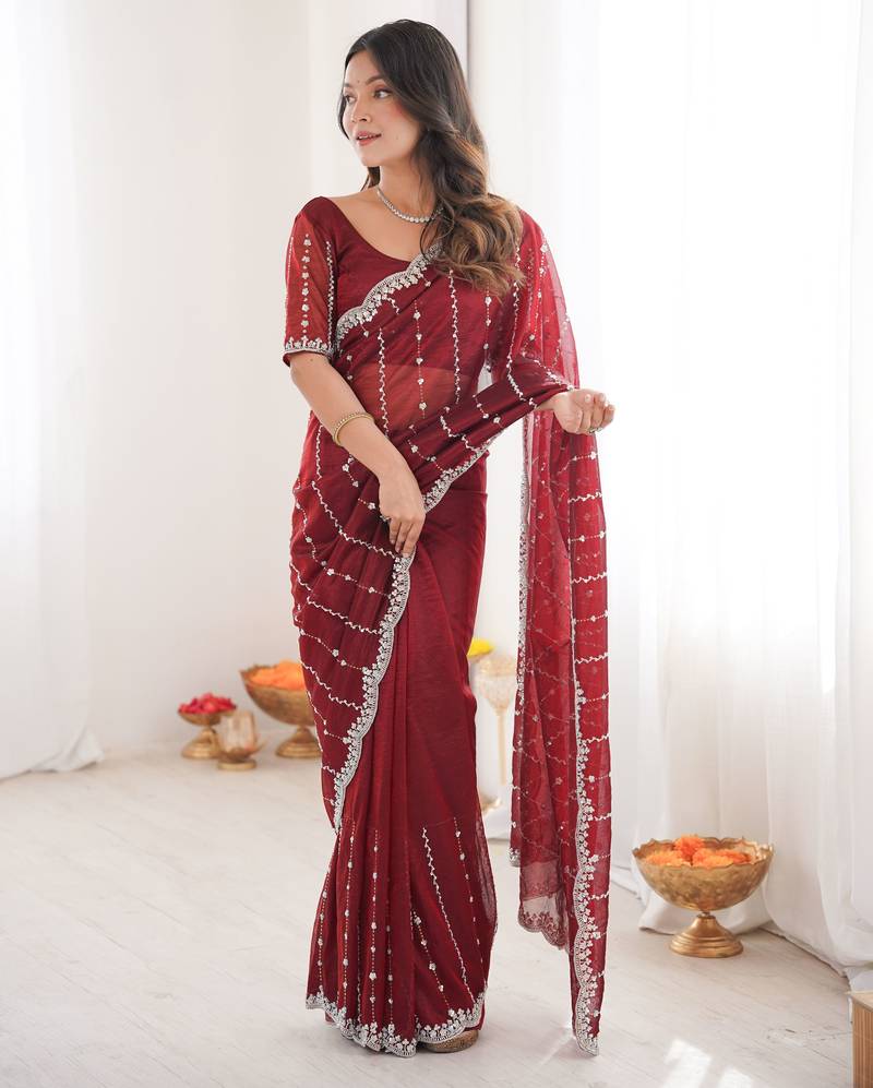 Maroon color twill net fabric ethnic and girlie ceremonial saree for girls