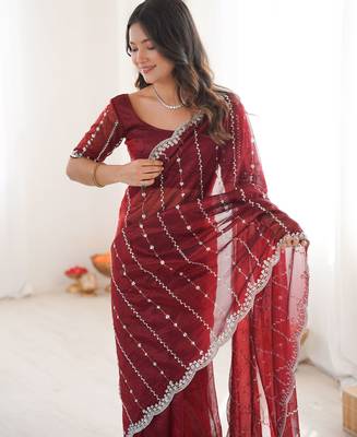 Maroon twill net ethnic and girlie ceremonial saree girls 3