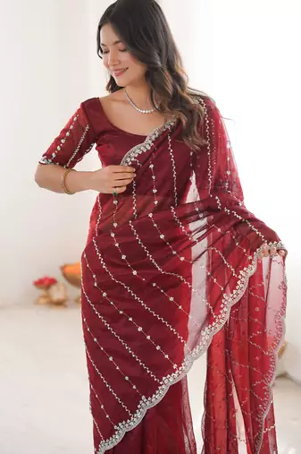 Maroon twill net ethnic and girlie ceremonial saree girls