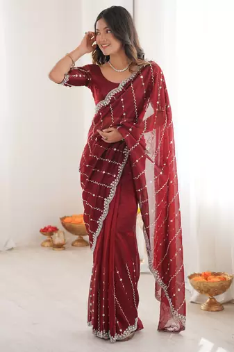 Maroon twill net ethnic and girlie ceremonial saree girls