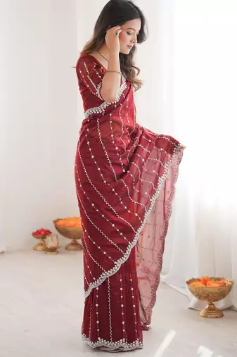 Maroon twill net ethnic and girlie ceremonial saree girls