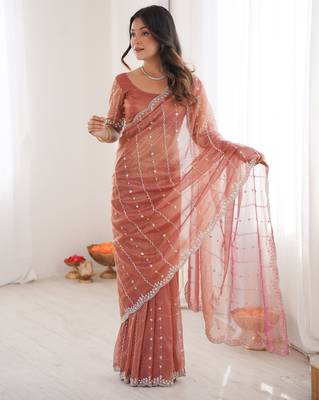 Peach twill net ethnic and girlie ceremonial saree girls 1