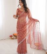 Peach color twill net fabric ethnic and girlie ceremonial saree for girls
