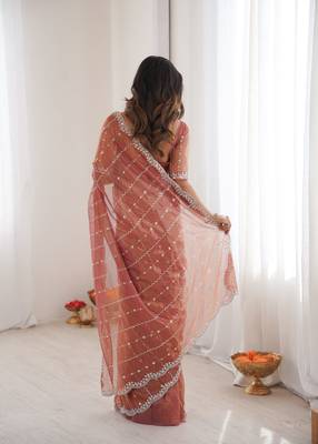 Peach twill net ethnic and girlie ceremonial saree girls 2