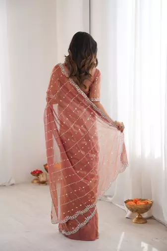 Peach twill net ethnic and girlie ceremonial saree girls