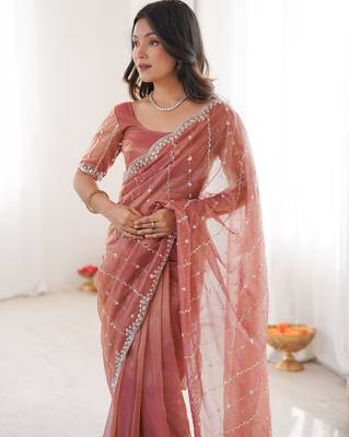 Peach twill net ethnic and girlie ceremonial saree girls 3