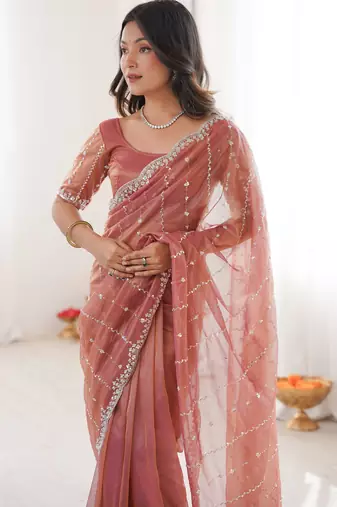 Peach twill net ethnic and girlie ceremonial saree girls