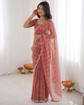 Peach twill net ethnic and girlie ceremonial saree girls 4