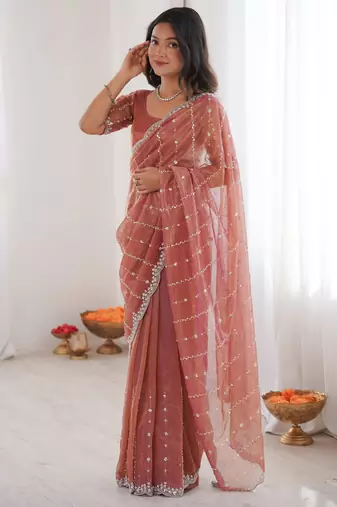 Peach twill net ethnic and girlie ceremonial saree girls