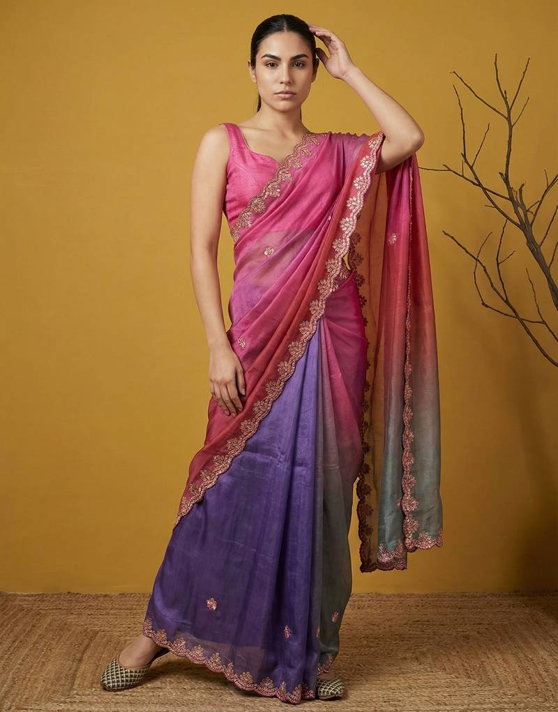 fendy satin designer saree with gotapatti work and cutwork piping border