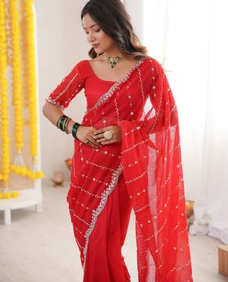 Red twill net ethnic and girlie ceremonial saree girls 3