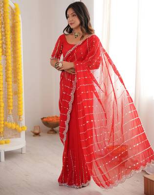 Red twill net ethnic and girlie ceremonial saree girls 4