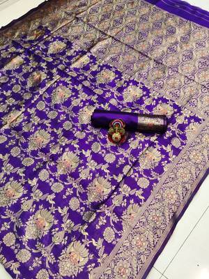 Purple silk blend banarasi jaquard designer saree with blouse 1