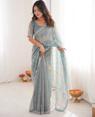 Sky blue twill net ethnic and girlie ceremonial saree girls 1