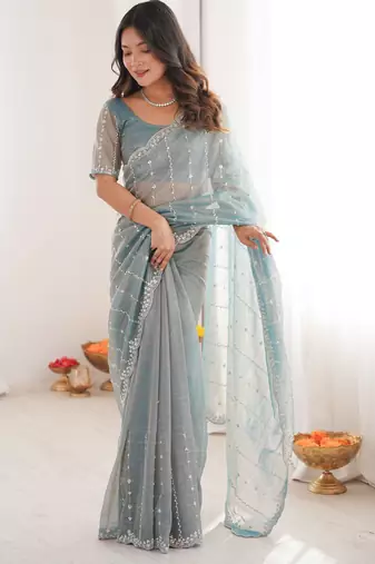 Sky blue color twill net fabric ethnic and girlie ceremonial saree for girls