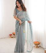 Sky blue color twill net fabric ethnic and girlie ceremonial saree for girls