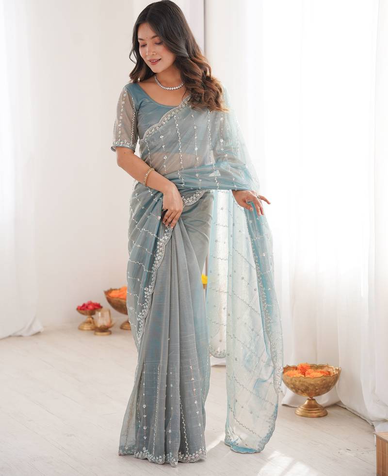 Sky blue color twill net fabric ethnic and girlie ceremonial saree for girls