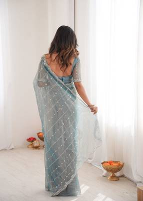 Sky blue twill net ethnic and girlie ceremonial saree girls 2