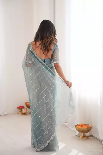 Sky blue twill net ethnic and girlie ceremonial saree girls