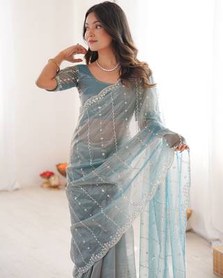 Sky blue twill net ethnic and girlie ceremonial saree girls 3