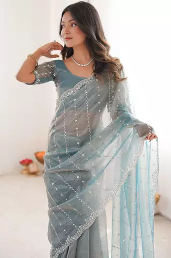 Sky blue twill net ethnic and girlie ceremonial saree girls