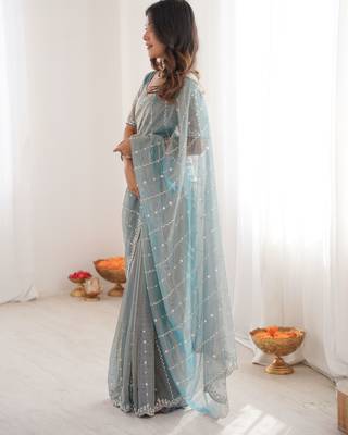 Sky blue twill net ethnic and girlie ceremonial saree girls 4