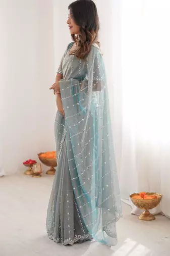 Sky blue twill net ethnic and girlie ceremonial saree girls