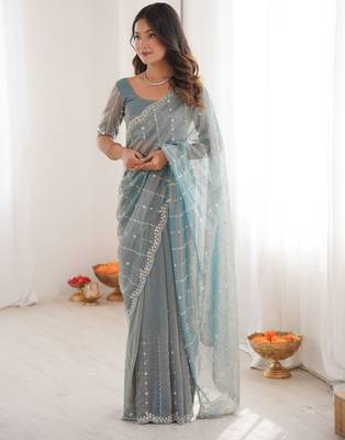 Sky blue twill net ethnic and girlie ceremonial saree girls 5