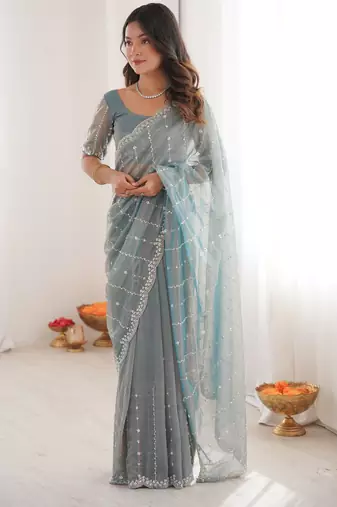 Sky blue twill net ethnic and girlie ceremonial saree girls