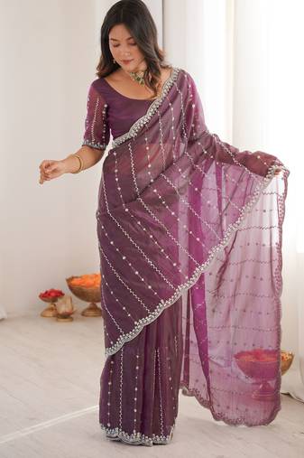 Wine color twill net fabric ethnic and girlie ceremonial saree for girls