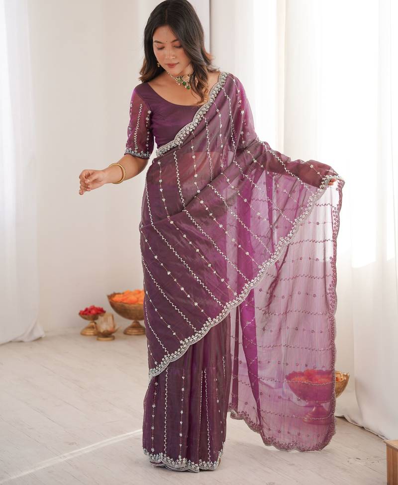 Wine color twill net fabric ethnic and girlie ceremonial saree for girls