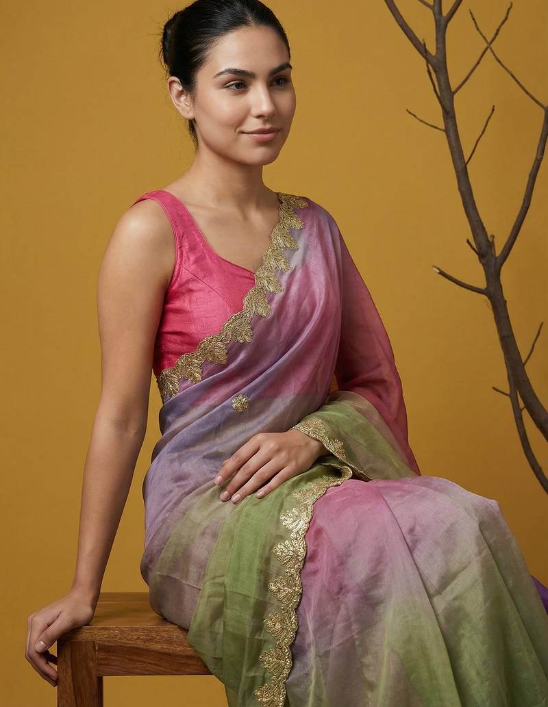 fendy satin designer saree with gotapatti work and cutwork piping border