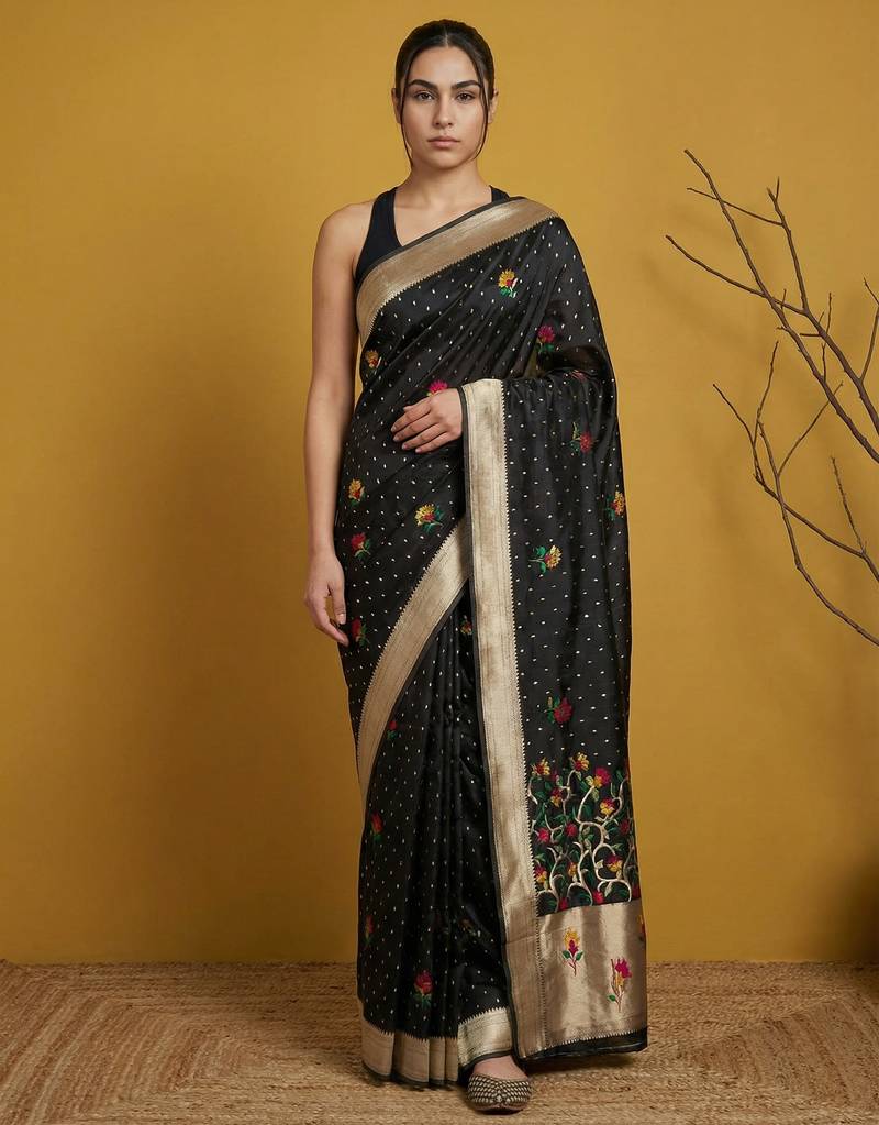 Soft organza meenakari woven saree with jamdani zari pallu and brocade blouse