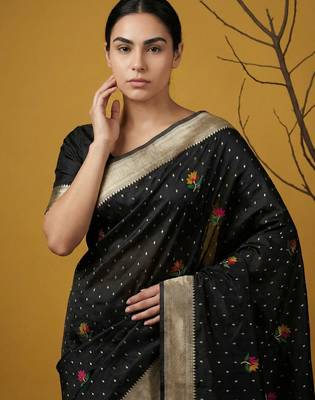 Soft organza meenakari woven saree with jamdani zari pallu and brocade blouse 2