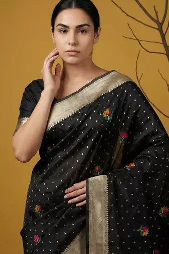 Soft organza meenakari woven saree with jamdani zari pallu and brocade blouse