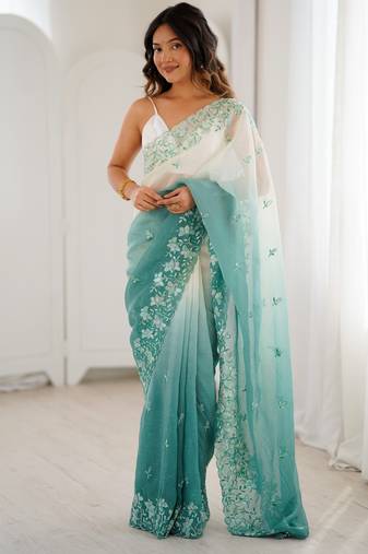 Rama color crunchy fabric beautiful sequins work bollywood style ceremonial saree